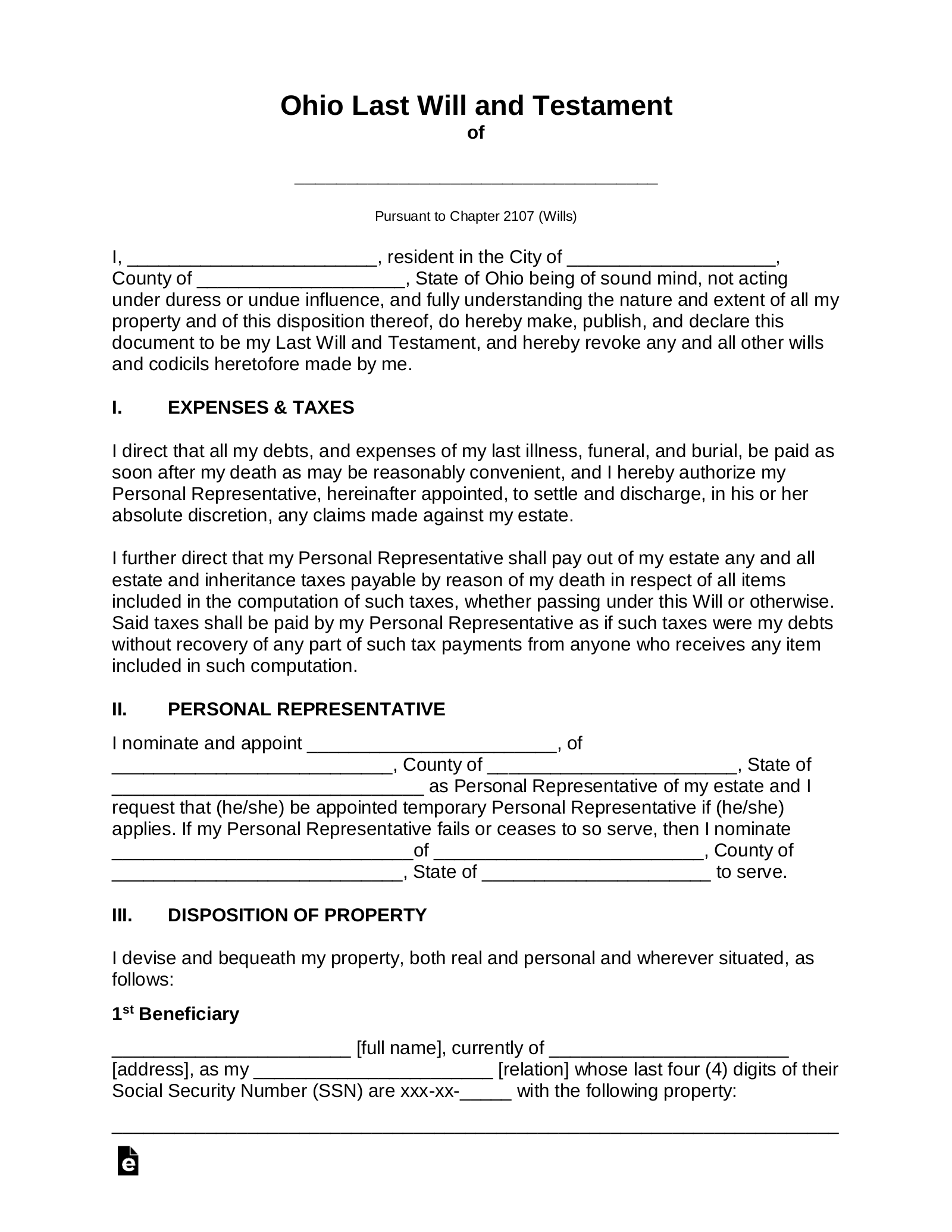 Free Ohio Last Will and Testament Template - PDF  Word – eForms