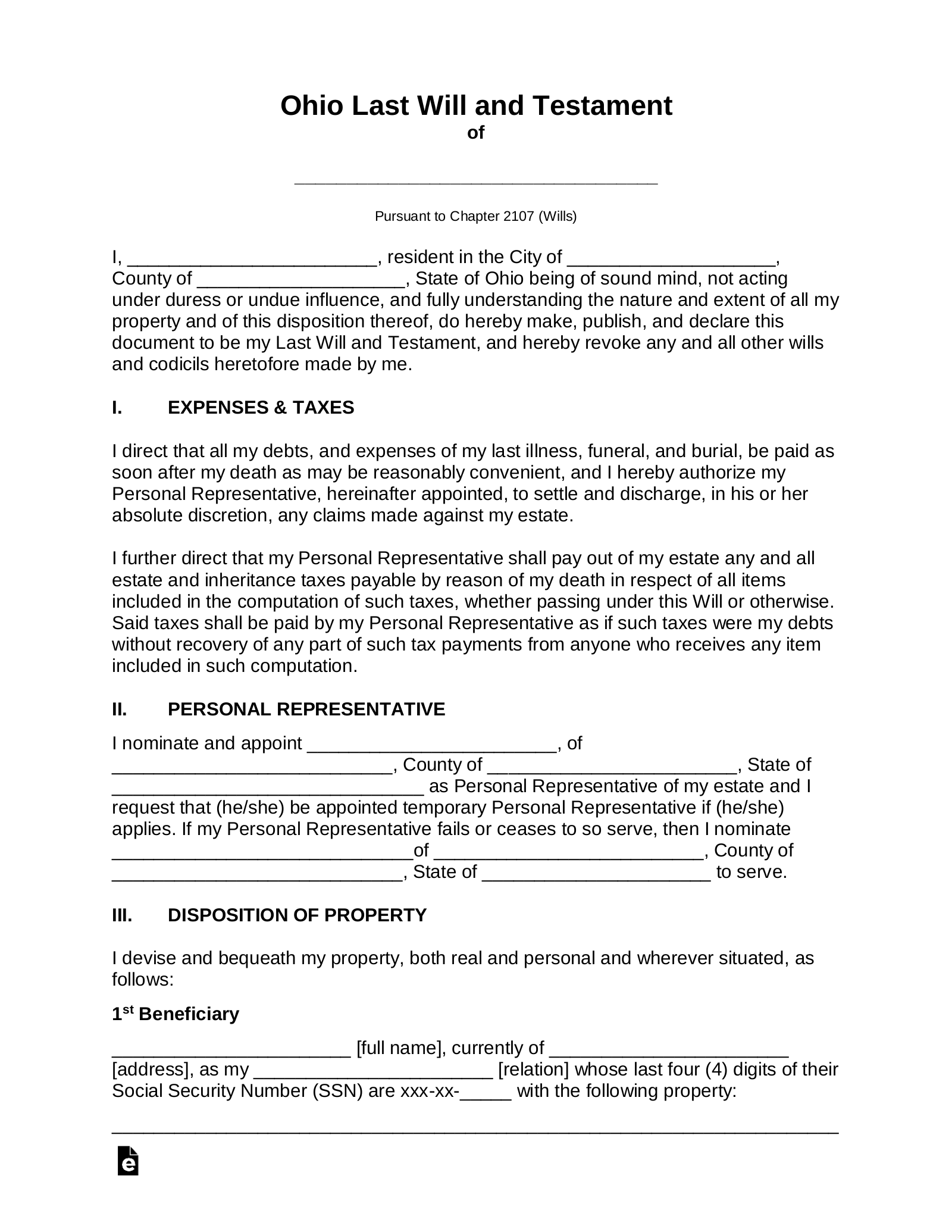 Ohio Last Will and Testament Template