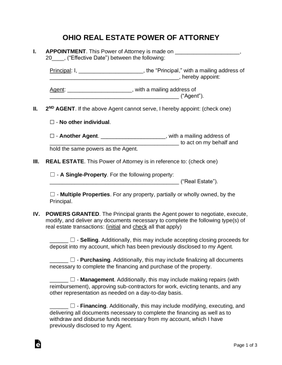 Free Ohio Real Estate Power Of Attorney Form Pdf Word Eforms