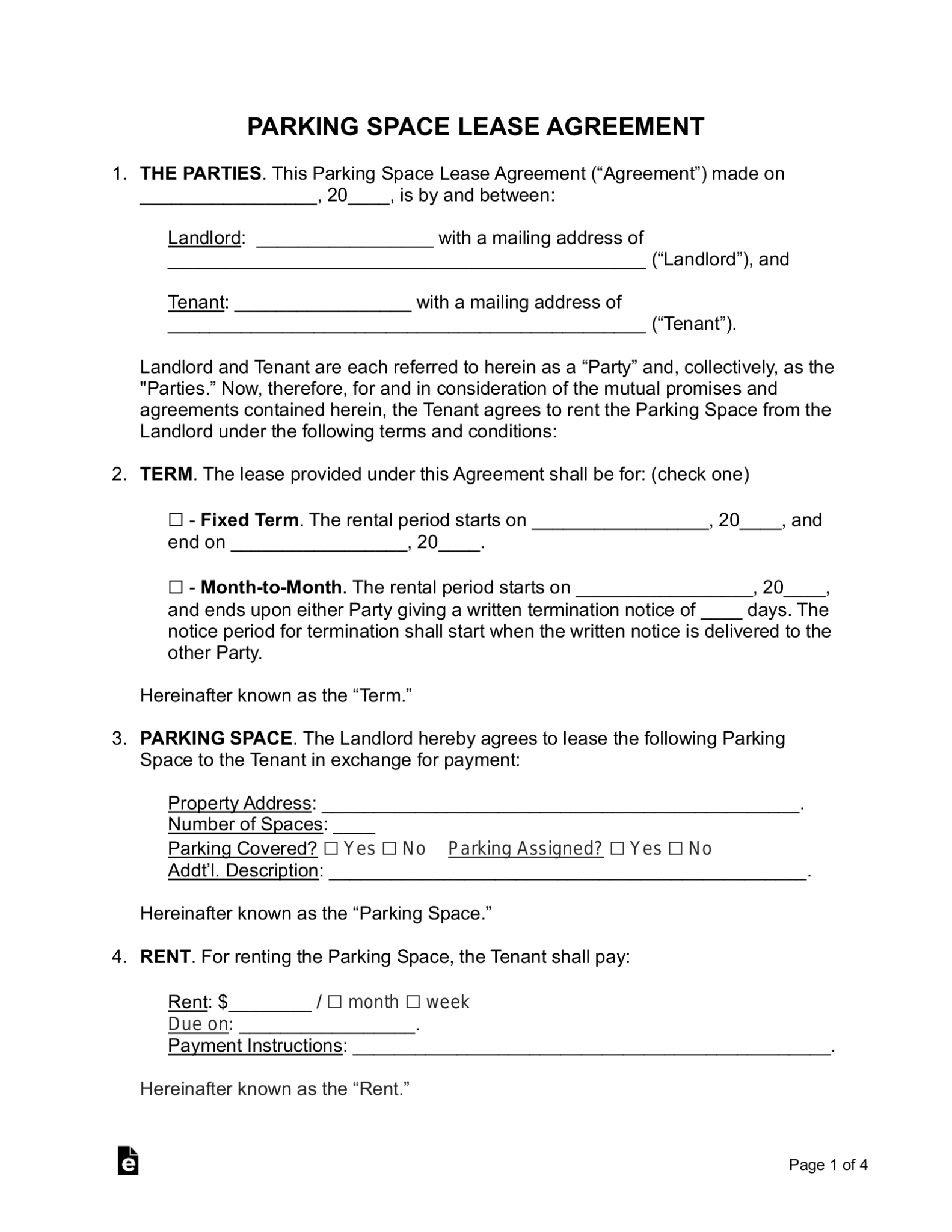 Free Parking Space Lease Agreement Template - PDF | Word – eForms