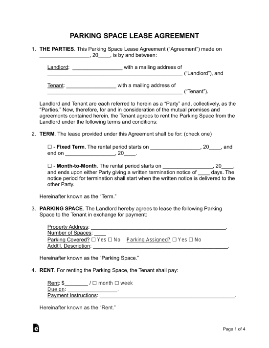 parking space rental agreement template 550x712