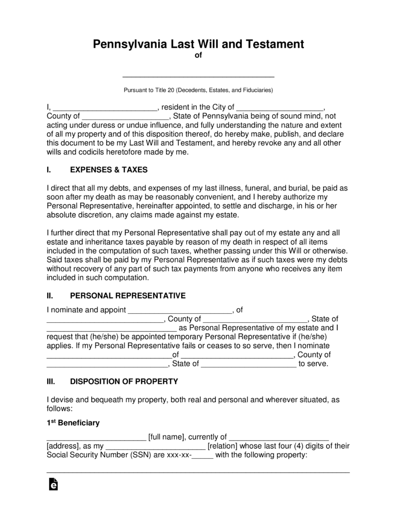 Free Pennsylvania Last Will and Testament Template PDF Word eForms