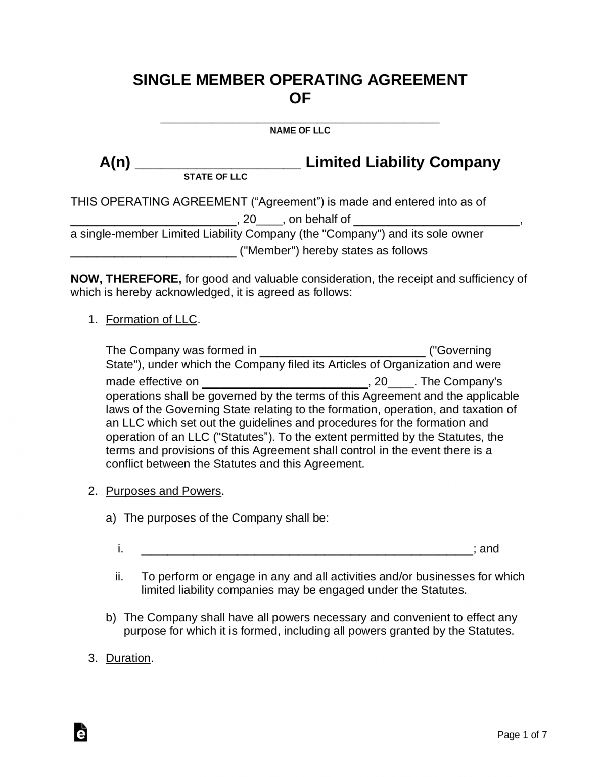 Free SingleMember LLC Operating Agreement Template PDF Word eForms