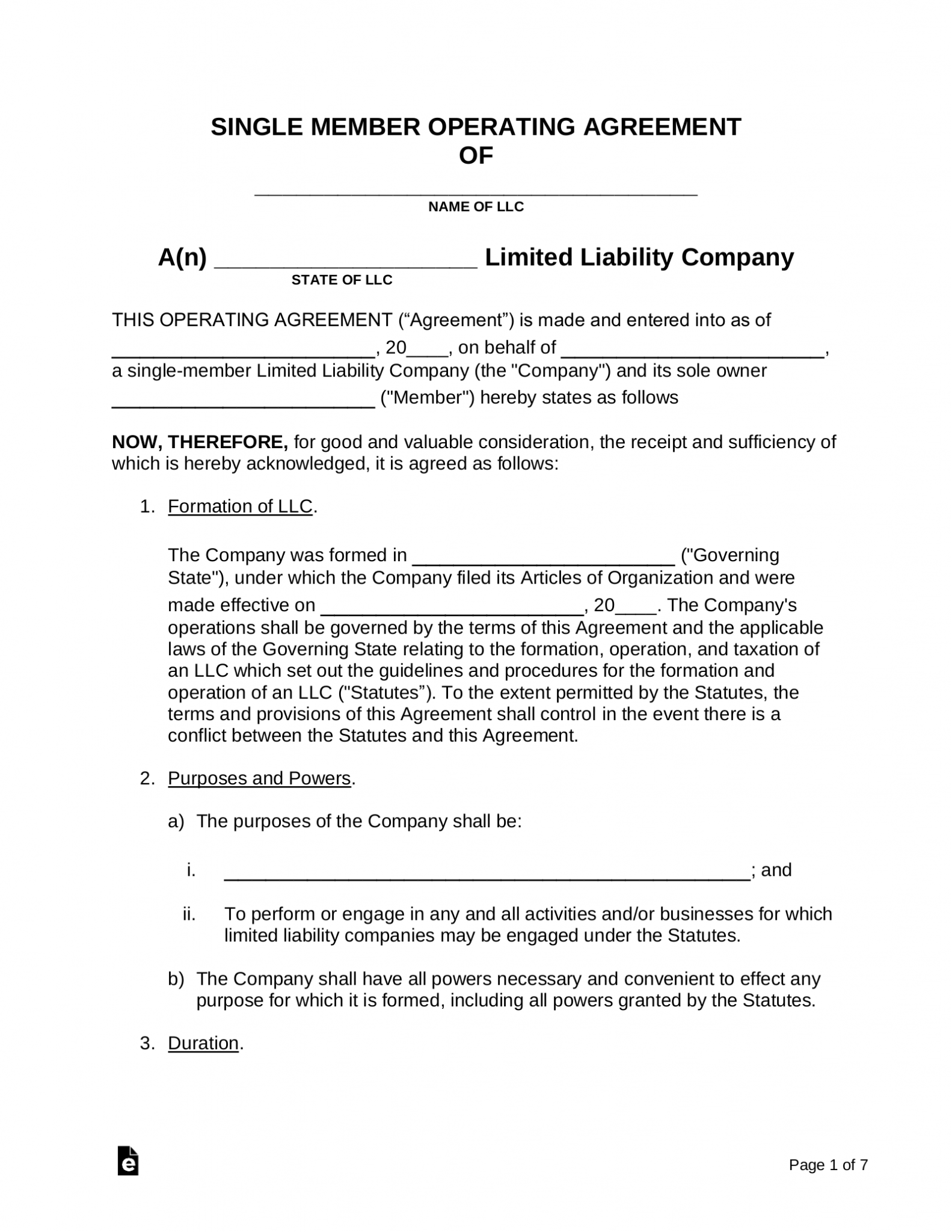 Free Single Member LLC Operating Agreement Template PDF Word EForms