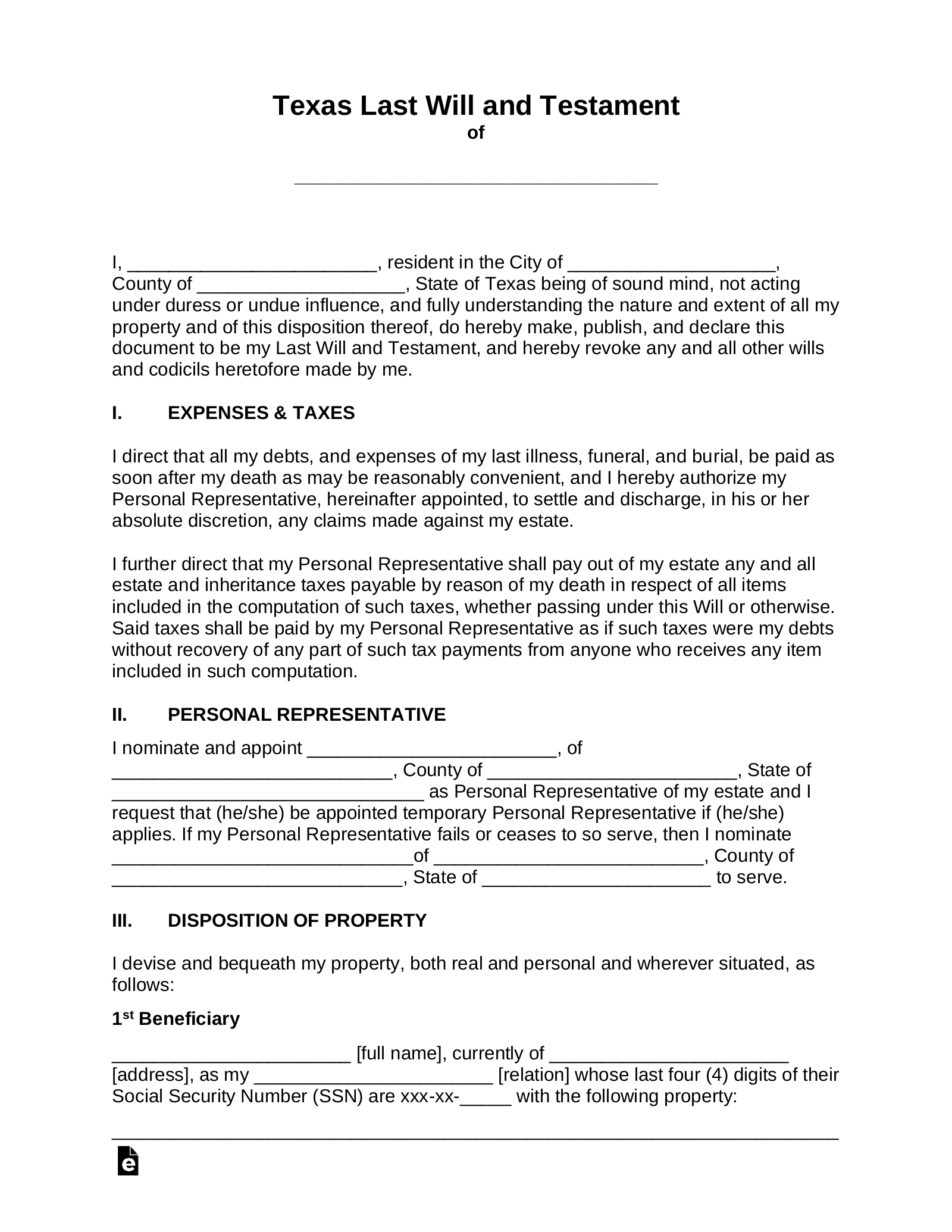 Free Texas Last Will and Testament Template Word PDF eForms