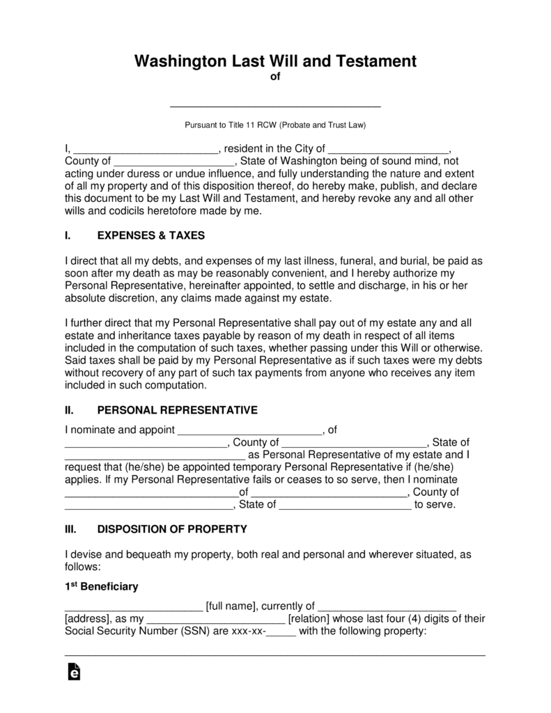 Free Washington Last Will and Testament Template PDF Word eForms
