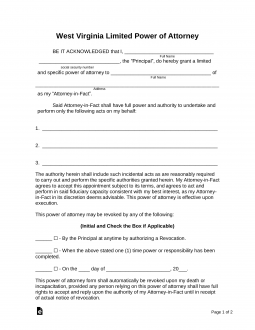 West Virginia Limited (Special) Power of Attorney Form