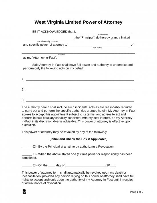 Free West Virginia Limited Special Power Of Attorney Form PDF Word EForms