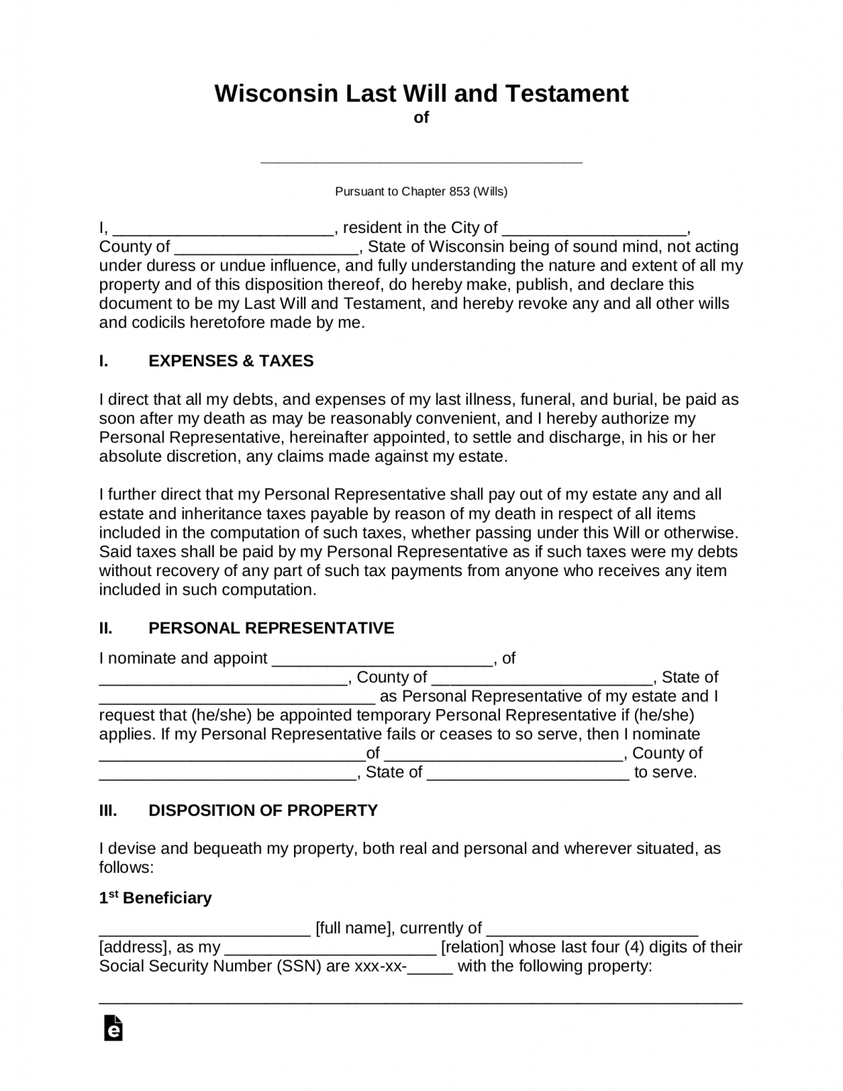 Free Wisconsin Last Will and Testament Template - PDF | Word – eForms