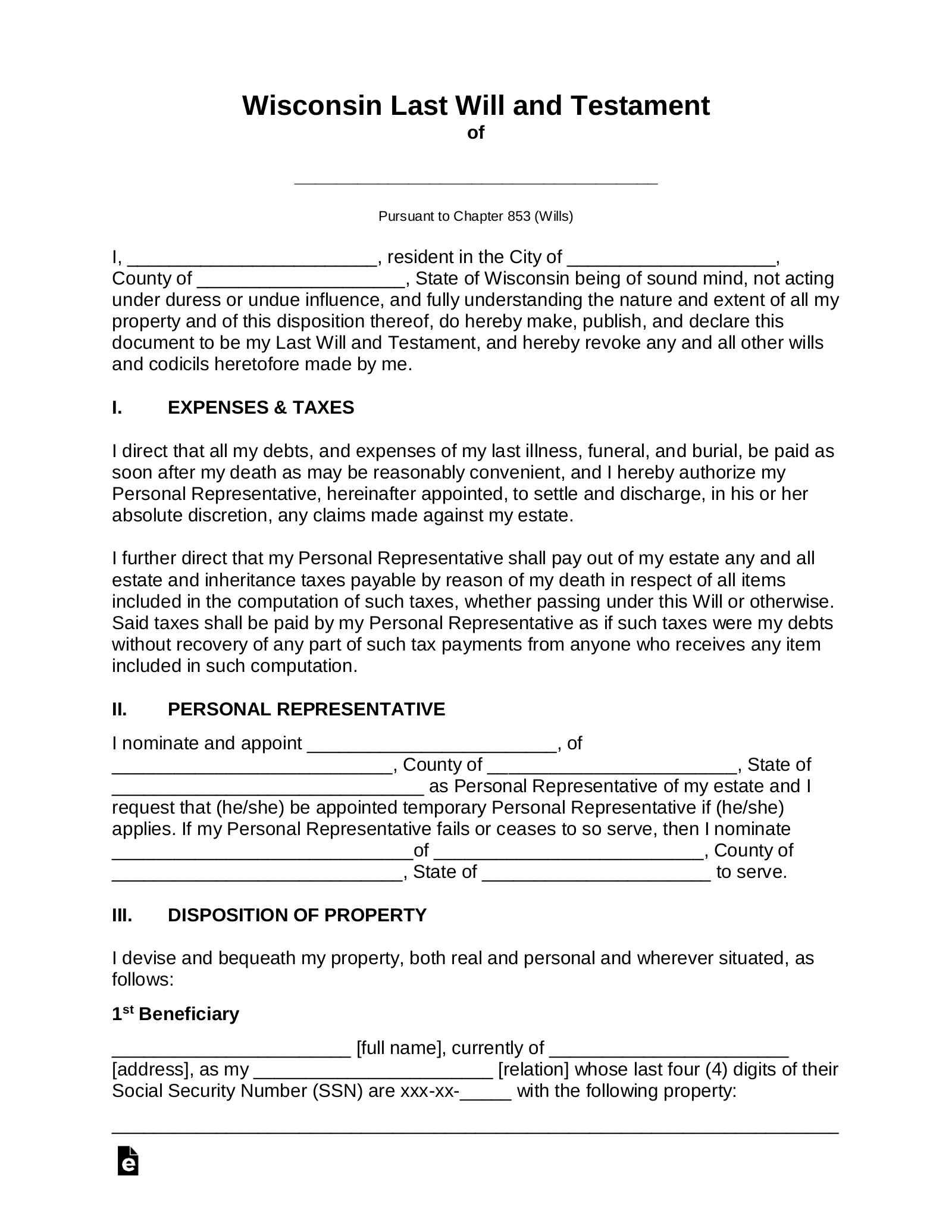 Wisconsin Last Will and Testament Template