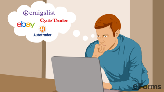 buyer on laptop contemplating what website to list motorcycle for sale
