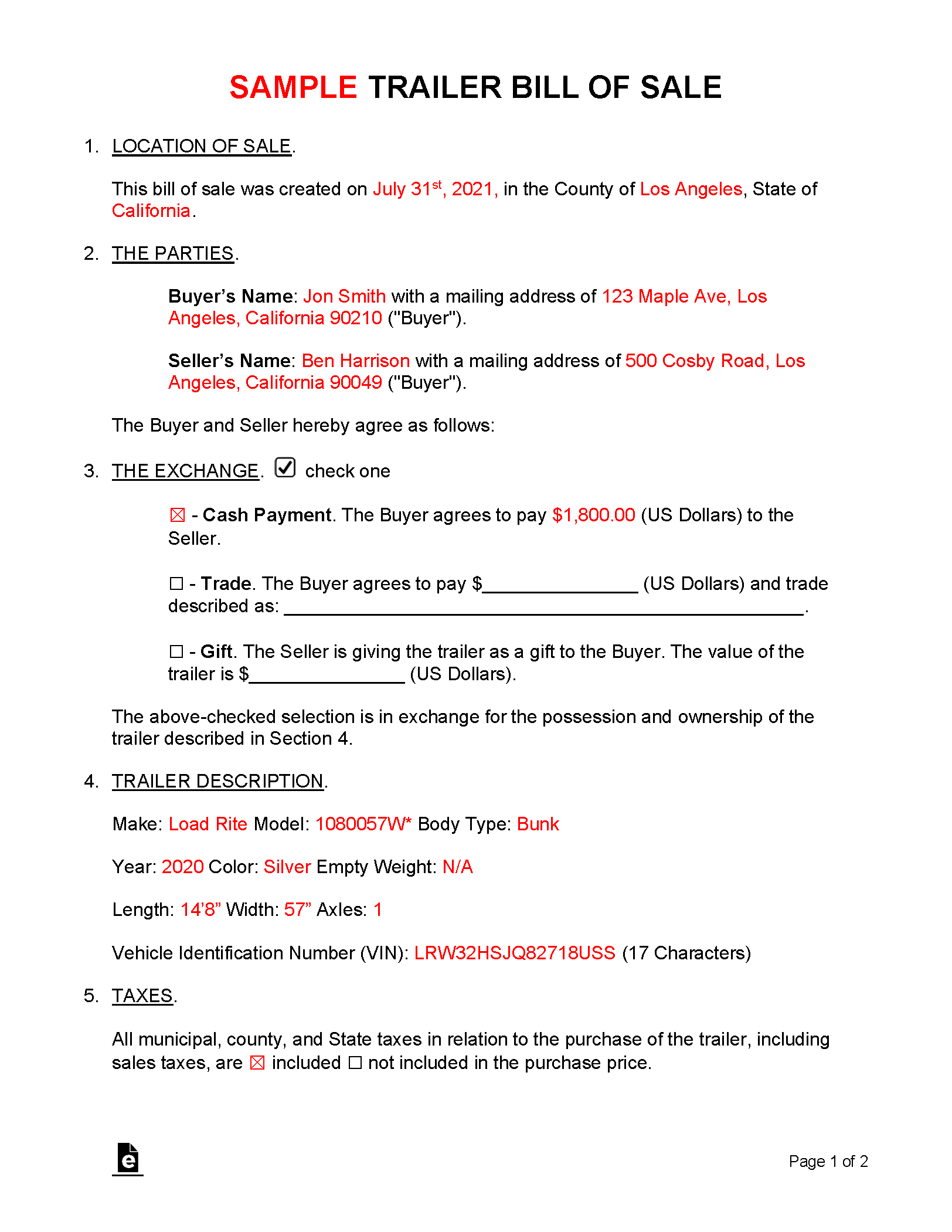 Free Trailer Bill of Sale Form PDF Word eForms