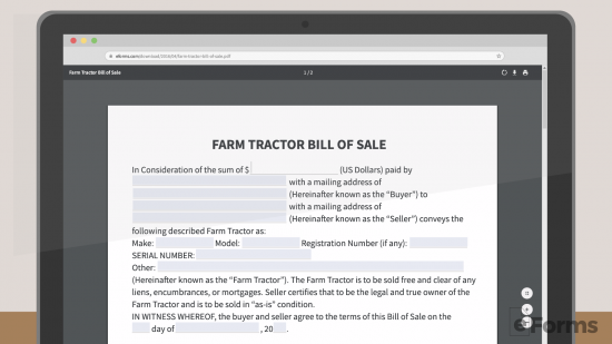 screenshot of fillable tractor bill of sale in browser