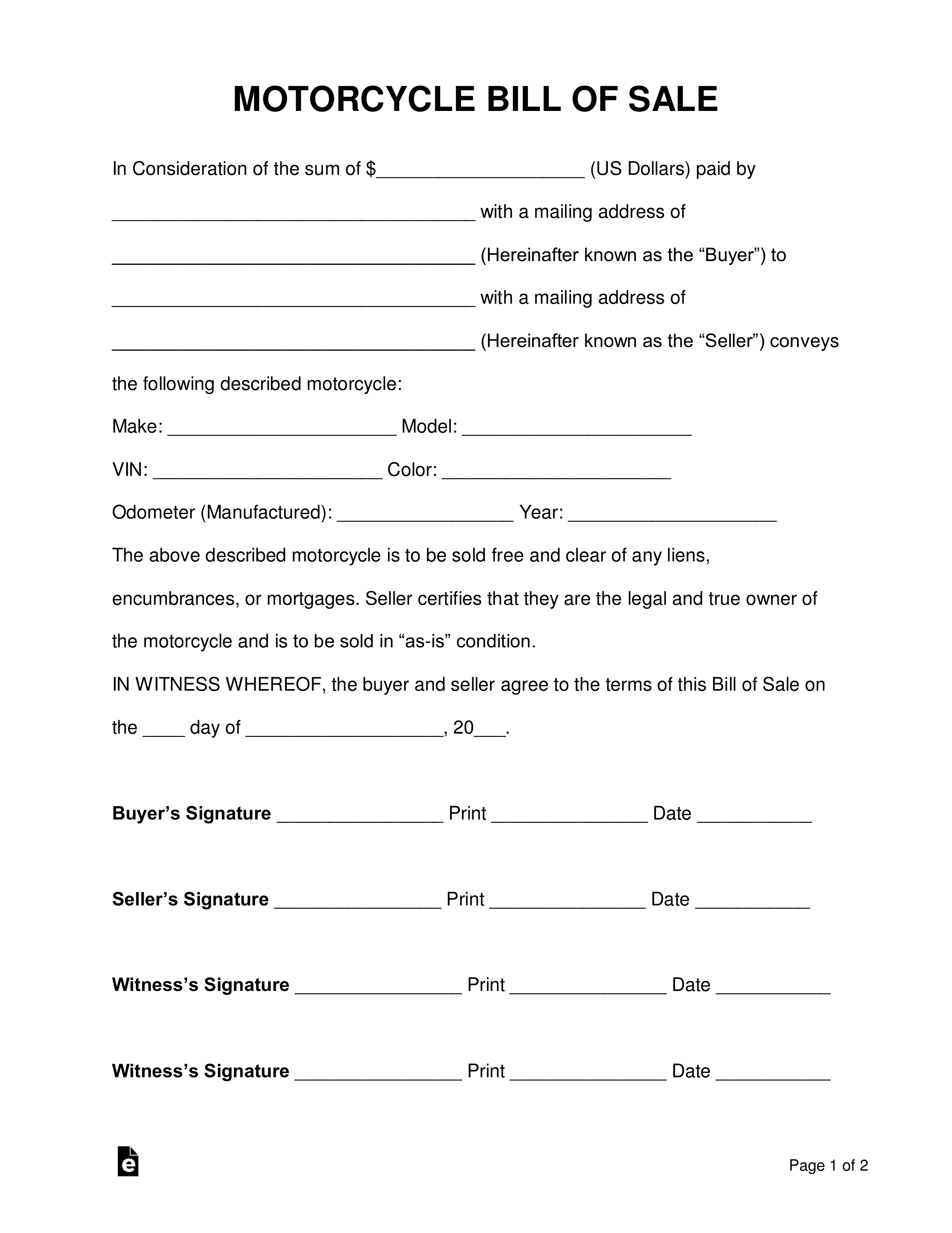 Free Motorcycle Bill of Sale Form PDF Word eForms