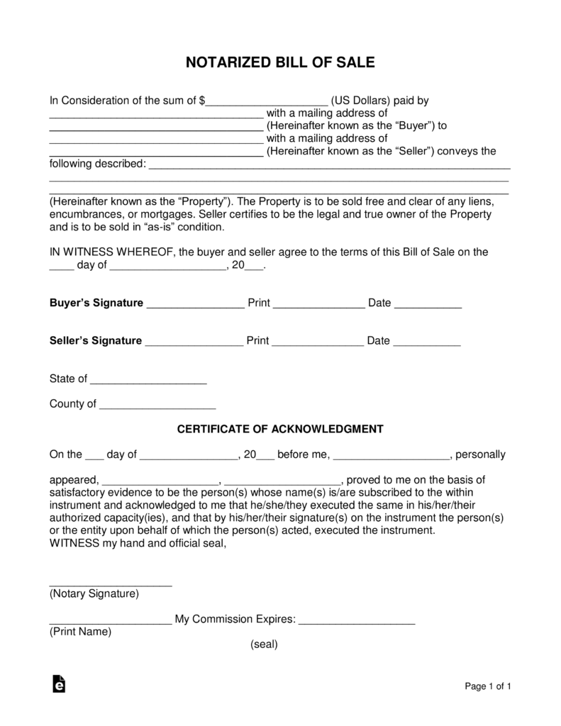 notarized bill of sale template for car