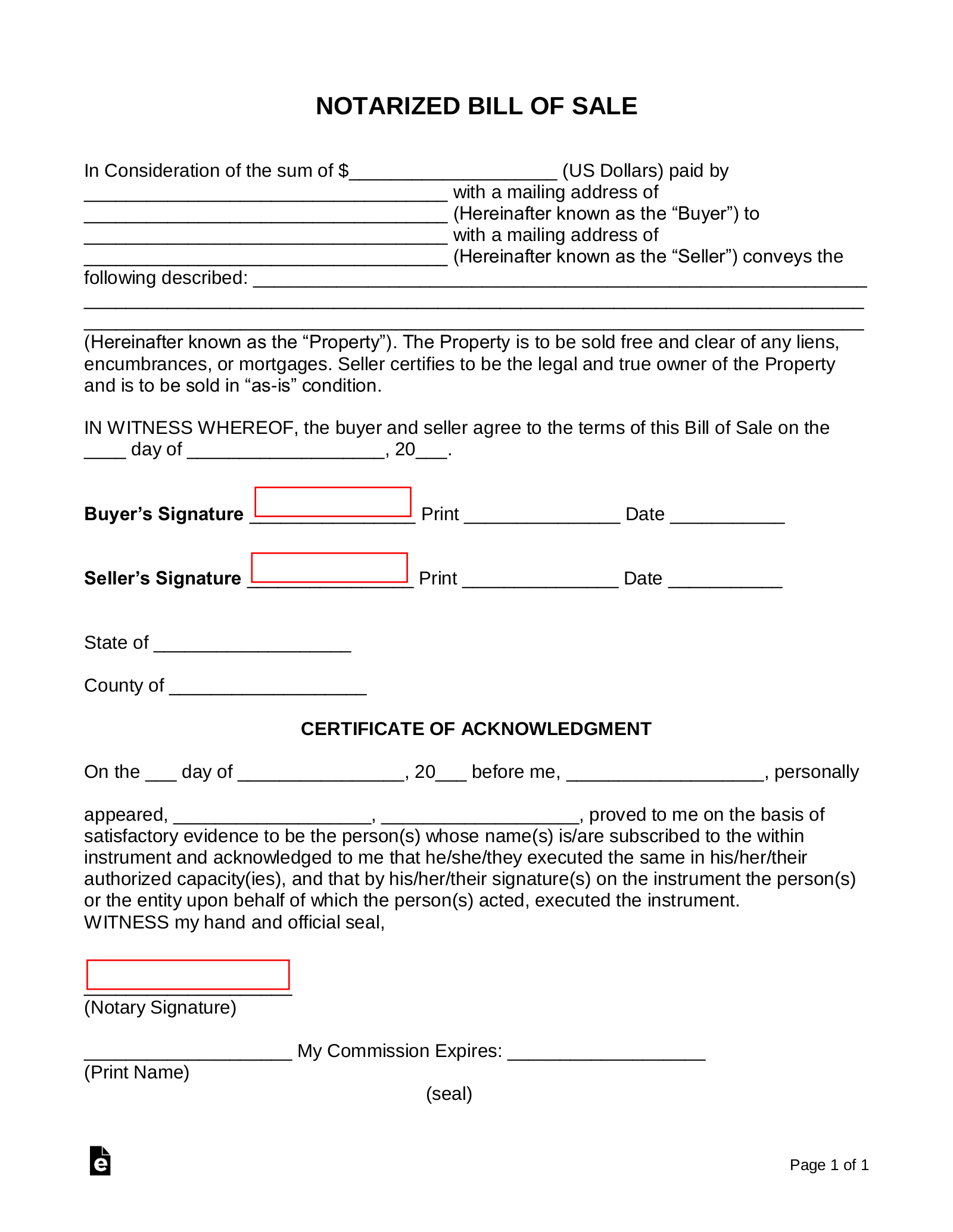 Notarized Bill of Sale Form