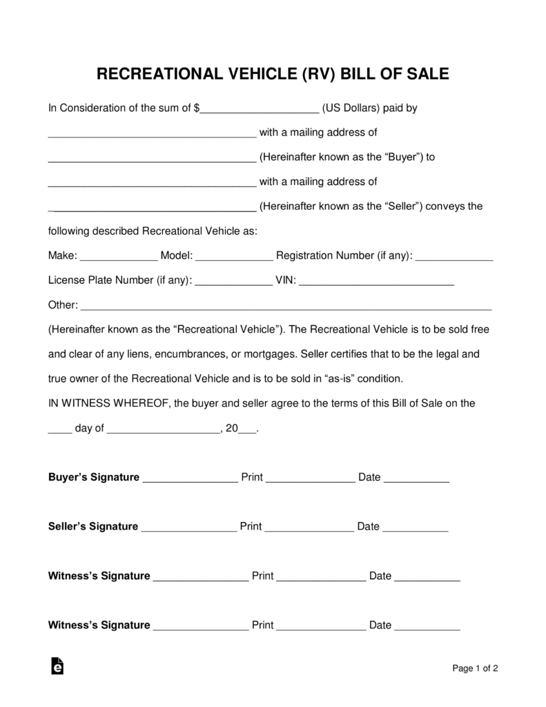 free recreational vehicle rv bill of sale form word pdf eforms