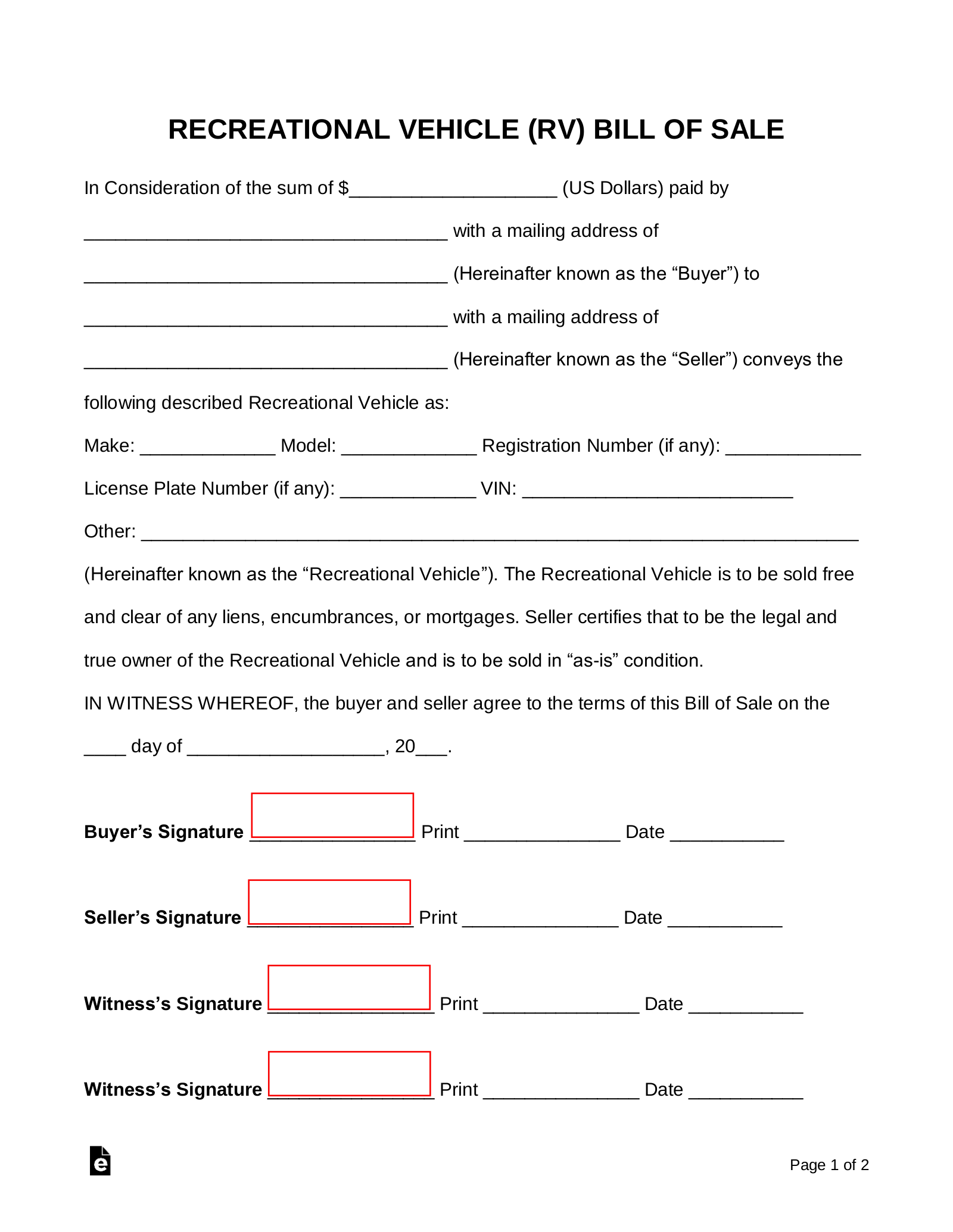 Free Recreational Vehicle RV Bill Of Sale Form PDF Word EForms