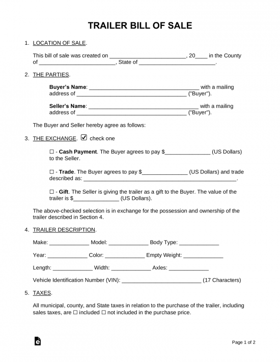 Free Trailer Bill of Sale Form - PDF | Word – eForms