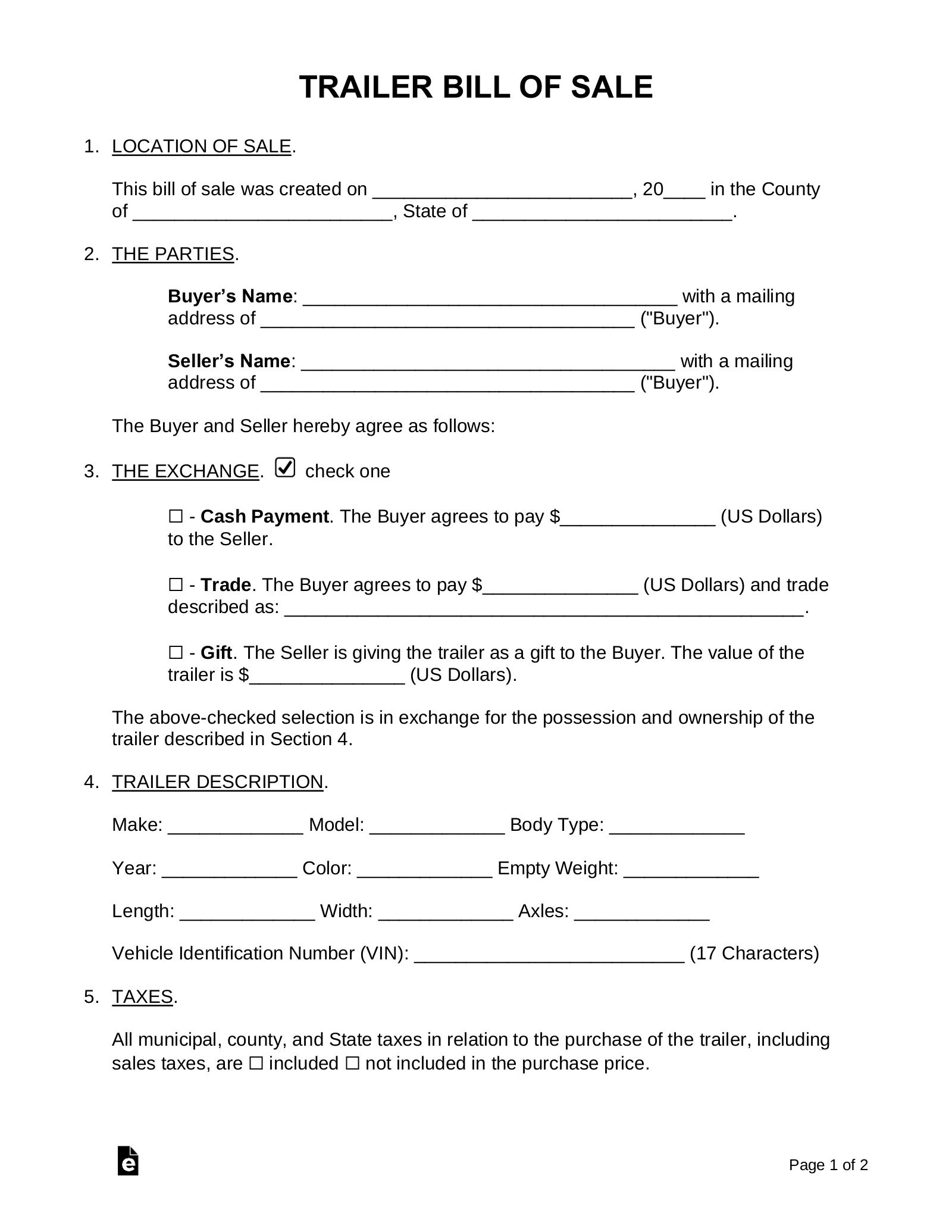 Trailer Bill of Sale Form