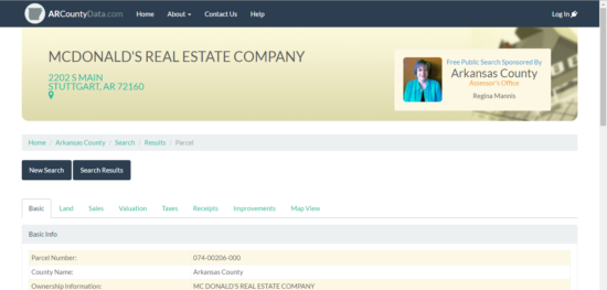 arkansas county search page showing mcdonald's real estate company information