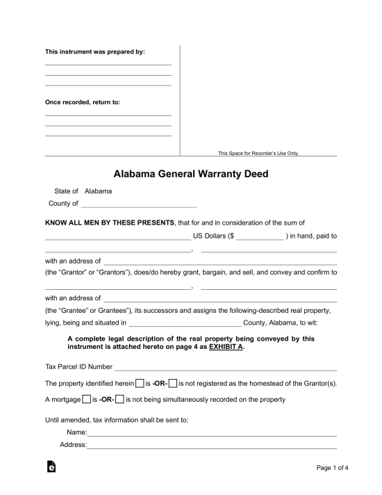 Free Alabama General Warranty Deed Form PDF Word EForms