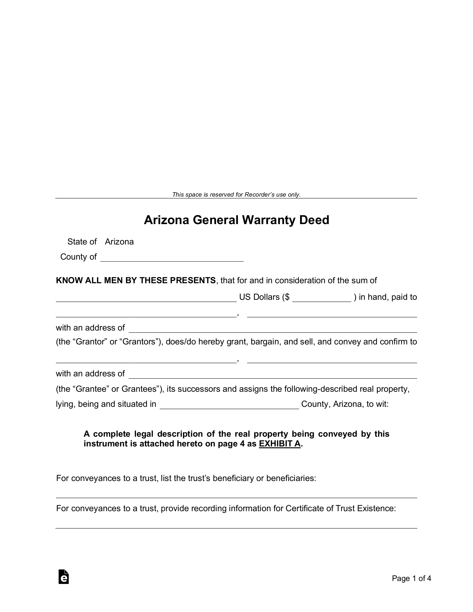 Arizona General Warranty Deed Form