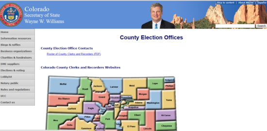 Colorado Secretary of State's website with map of counties