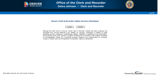 Denver Office of the Clerk and Recorder disclaimer page