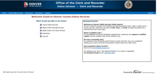 Denver Office of the Clerk and Recorder online services page