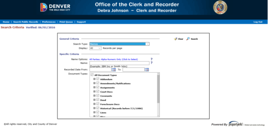 Denver Office of the Clerk and Recorder search page