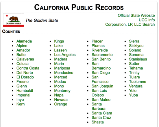 California Public Records page showing list of counties
