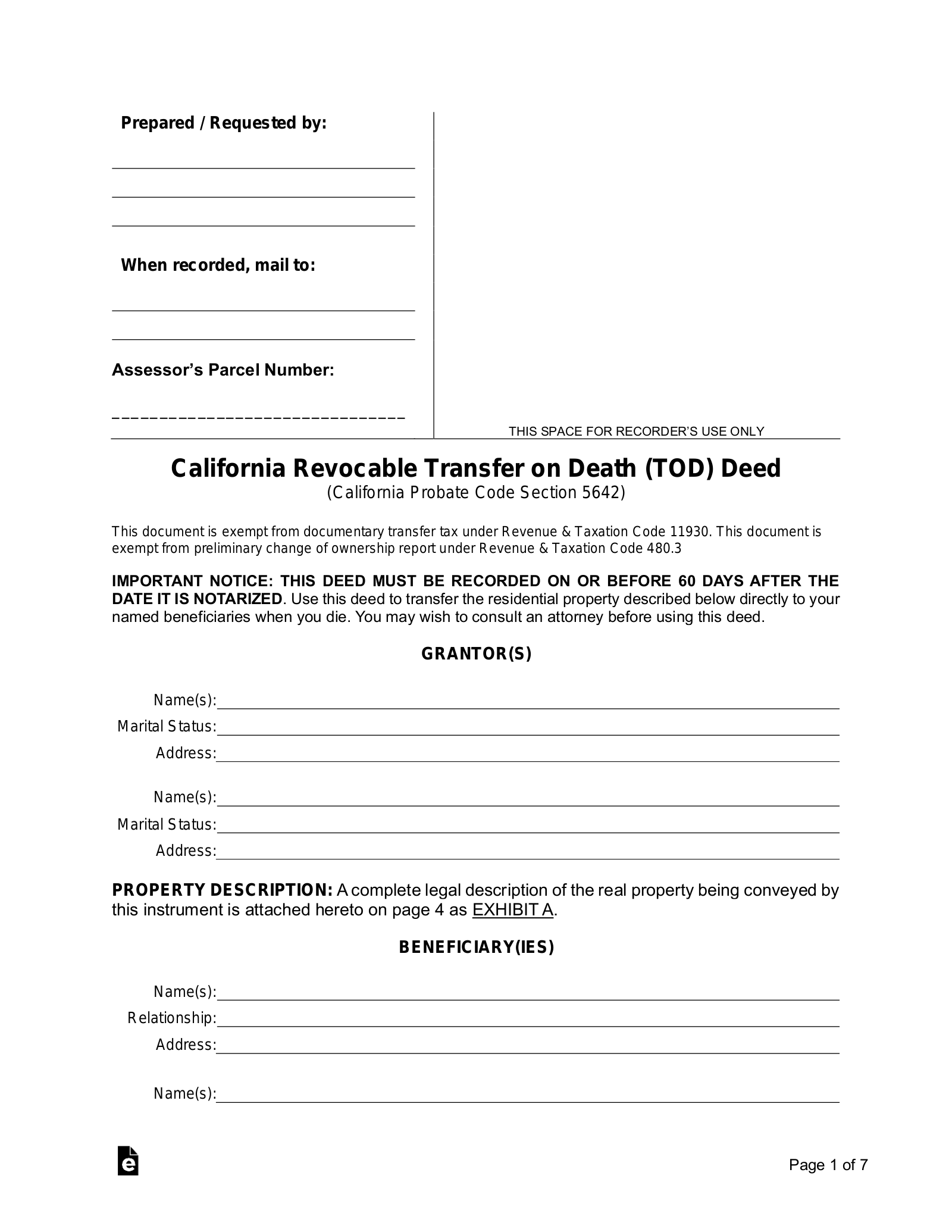 California Revocable Transfer on Death (TOD) Deed Form
