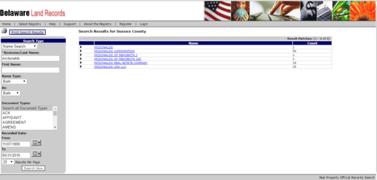 Delaware Land Records search results 