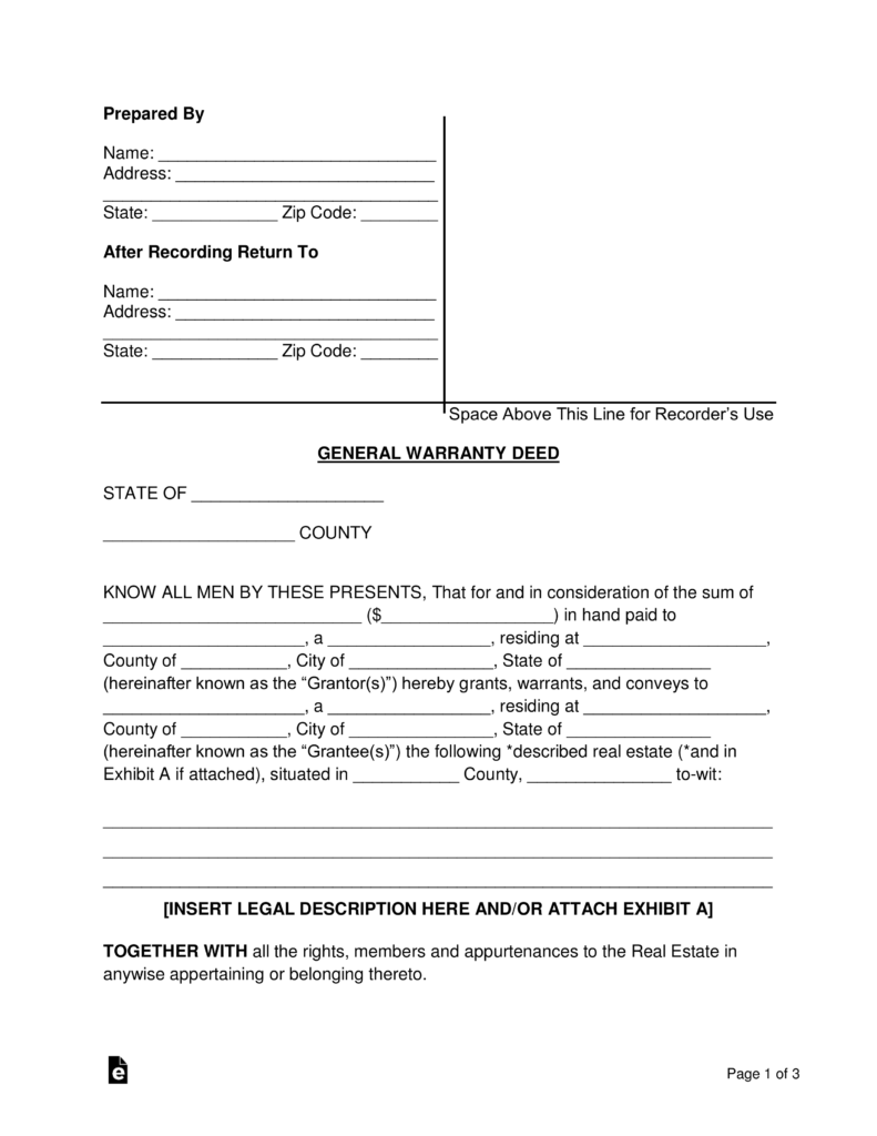 Free General Warranty Deed Form Pdf Word Eforms 