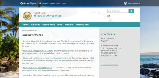 Hawaii Bureau of Conveyances online services page