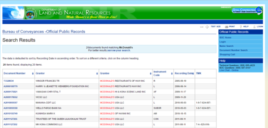 Hawaii Bureau of Conveyances search results 