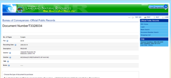 Hawaii Bureau of Conveyances document information