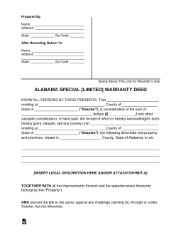 Alabama Special Warranty Deed Form