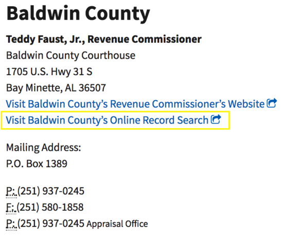screenshot showing highlighted box around "visit baldwin county's online record search"