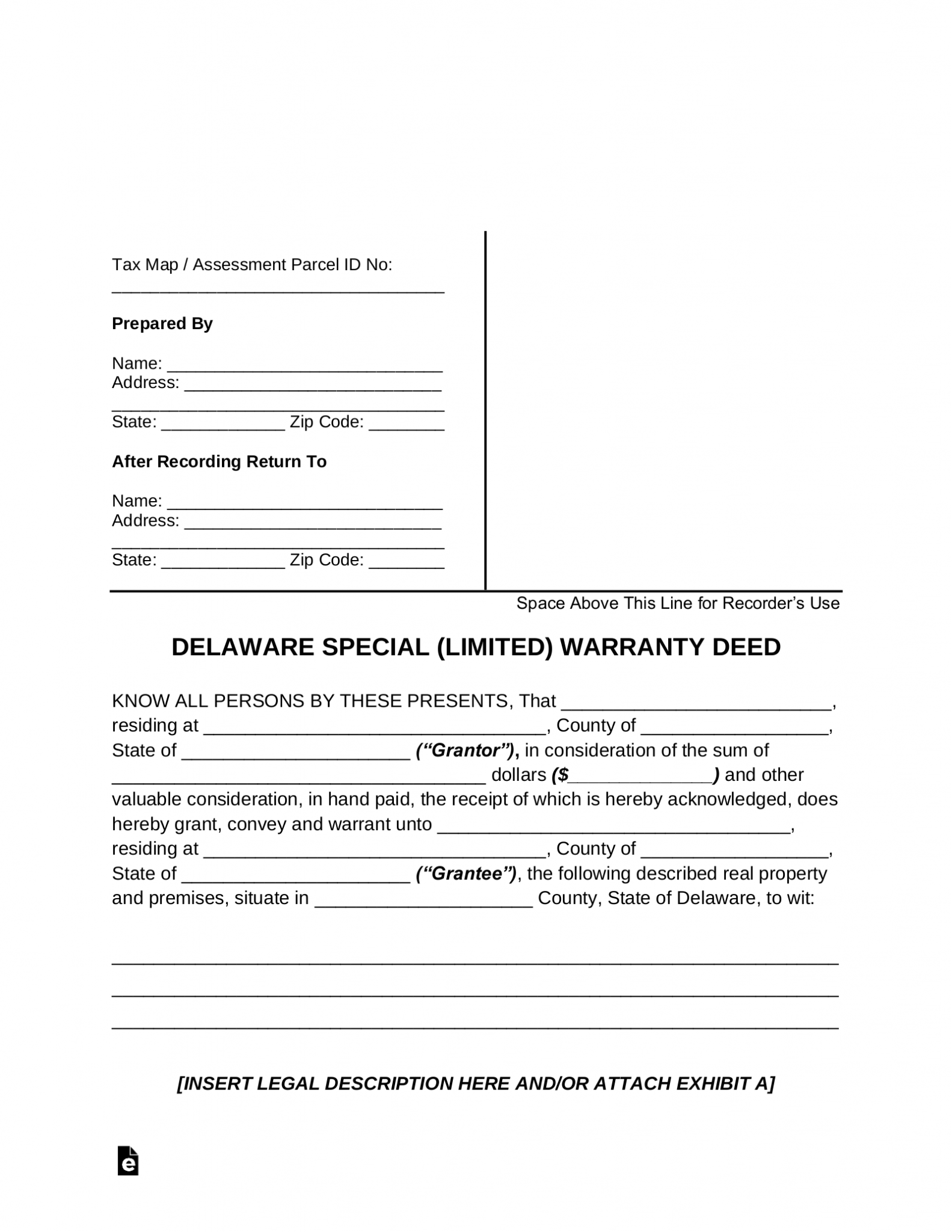 Free Delaware Special Warranty Deed Form PDF Word eForms