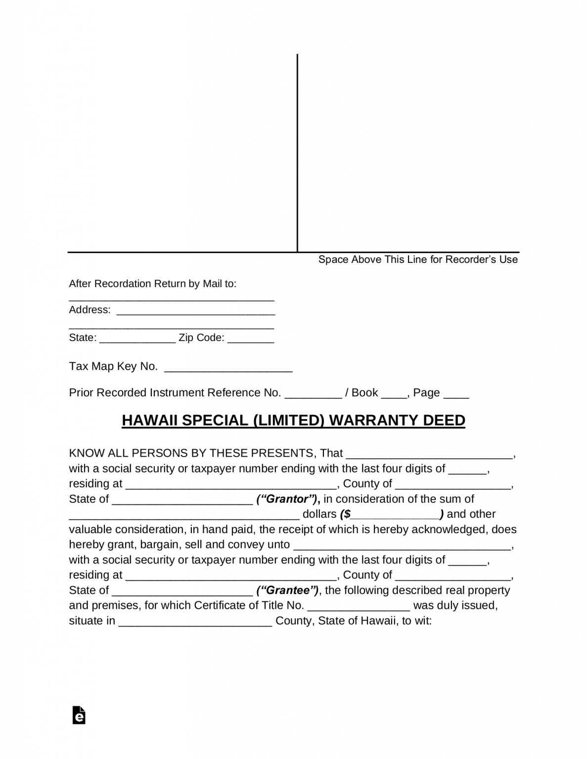 Free Hawaii Special Warranty Deed Form PDF Word eForms