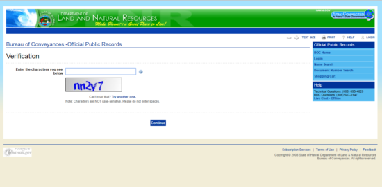 Hawaii Bureau of Conveyances verification page