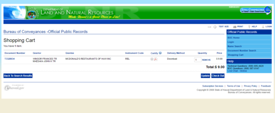 Hawaii Bureau of Conveyances shopping cart page