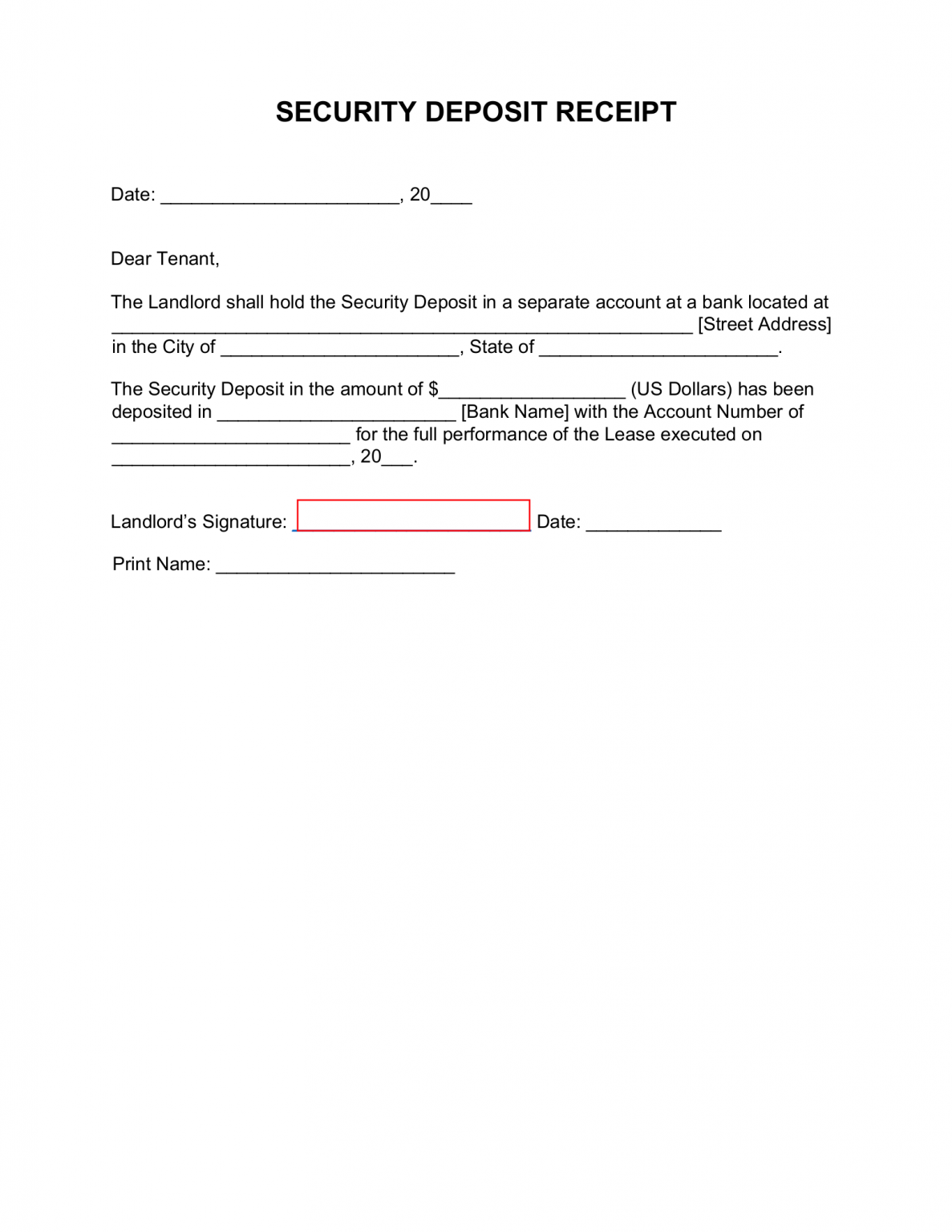 Free Security Deposit Receipt Template - PDF | Word – eForms