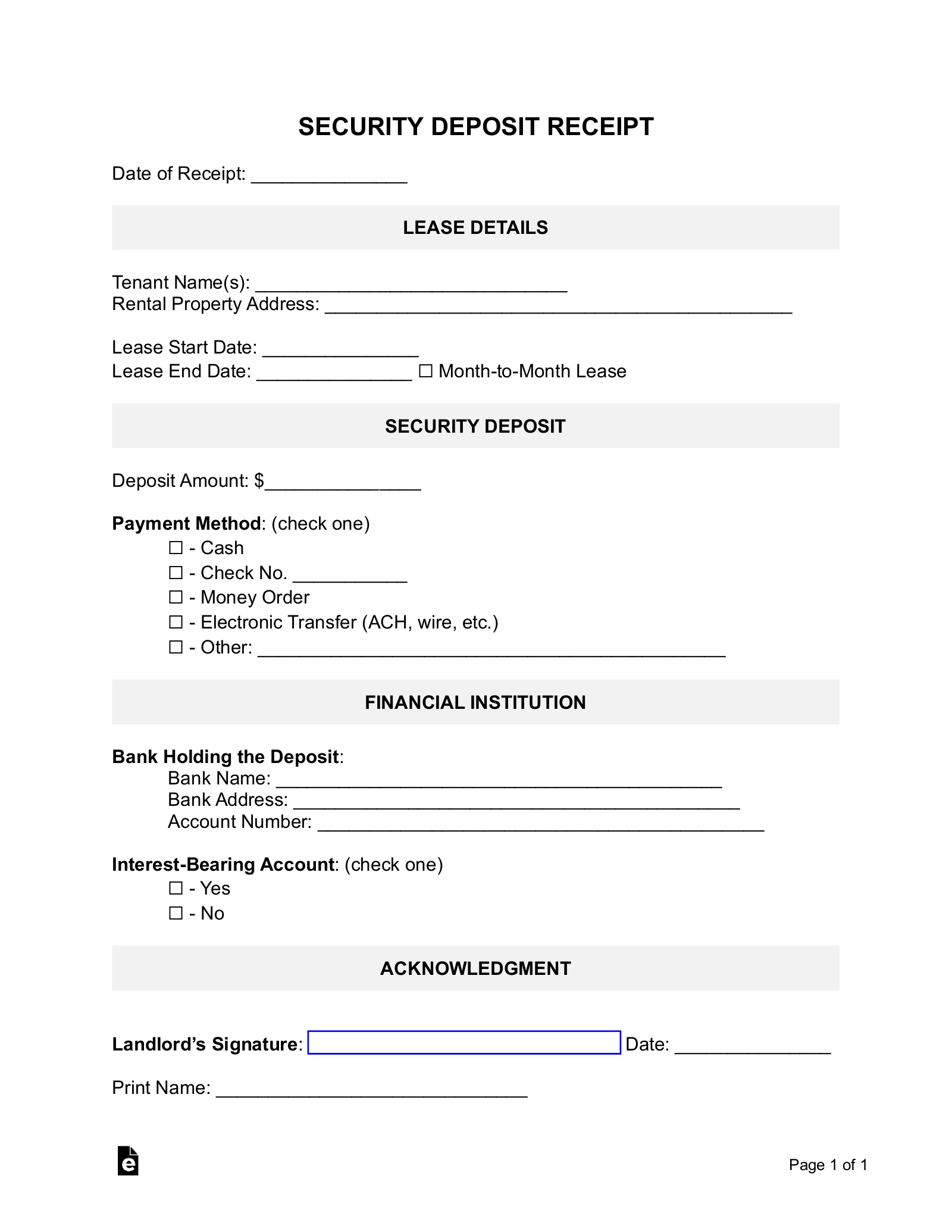 Free Security Deposit Receipt Template Pdf Word Eforms