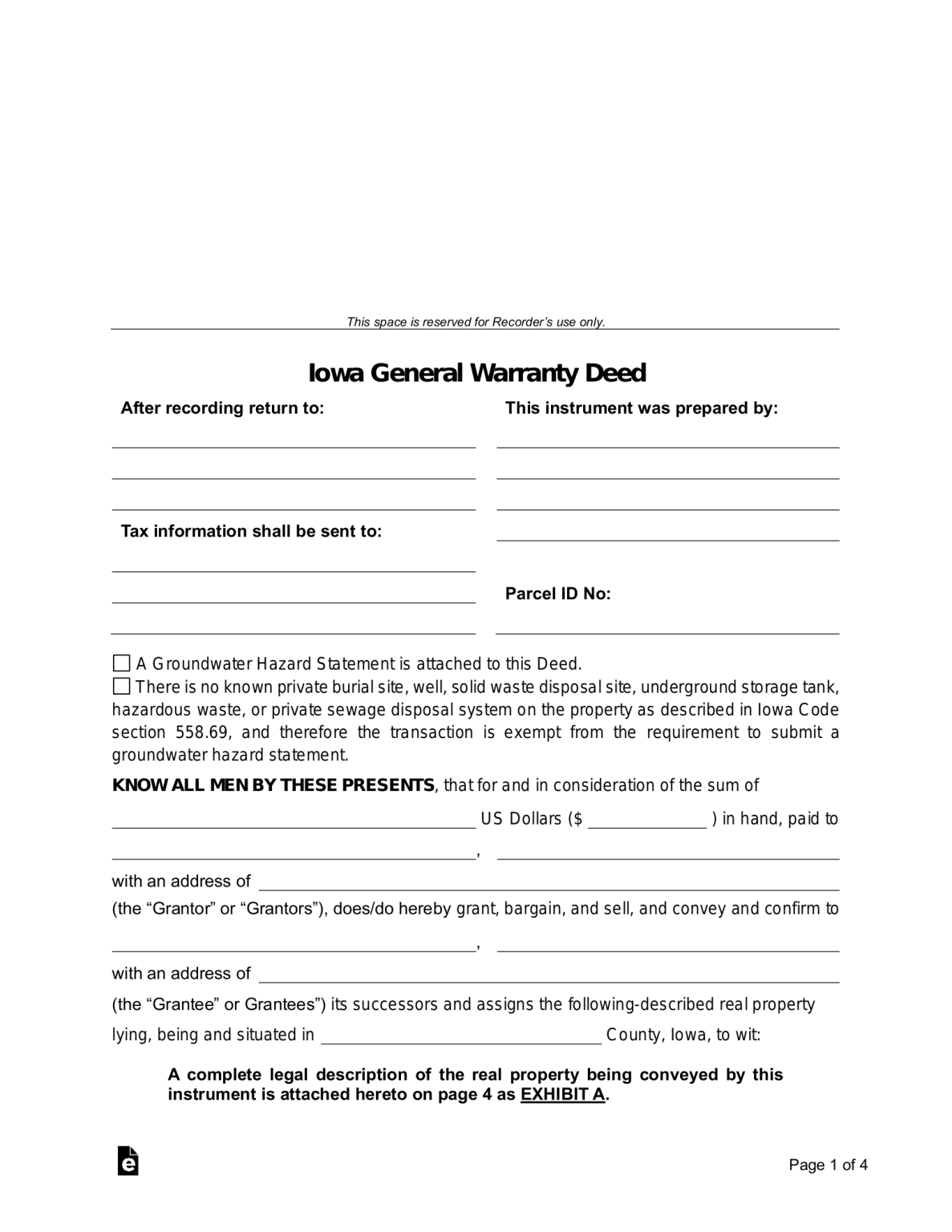 Free Iowa General Warranty Deed Form PDF Word eForms