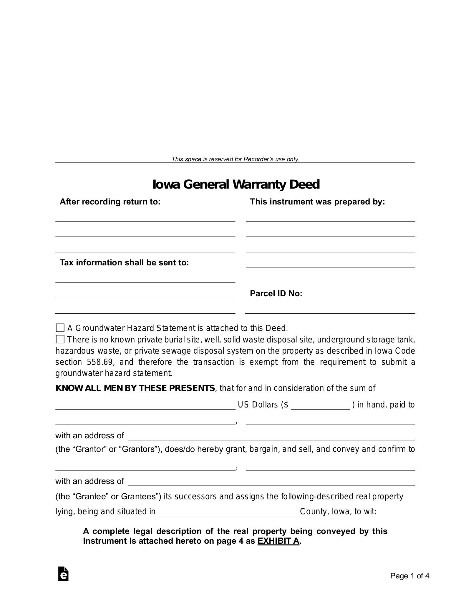 Iowa General Warranty Deed Form