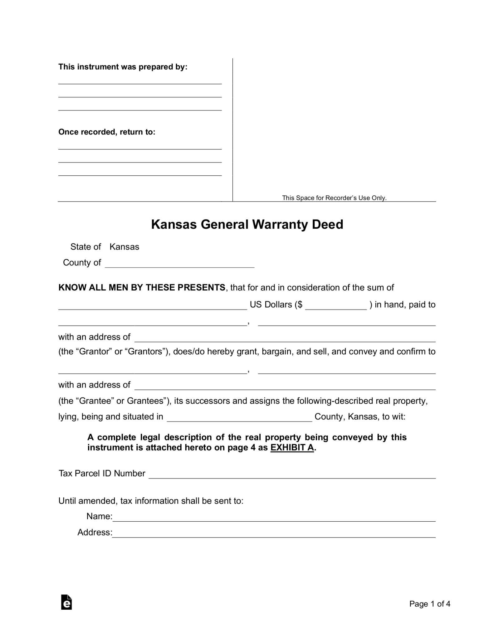 Free Kansas General Warranty Deed Form PDF Word eForms
