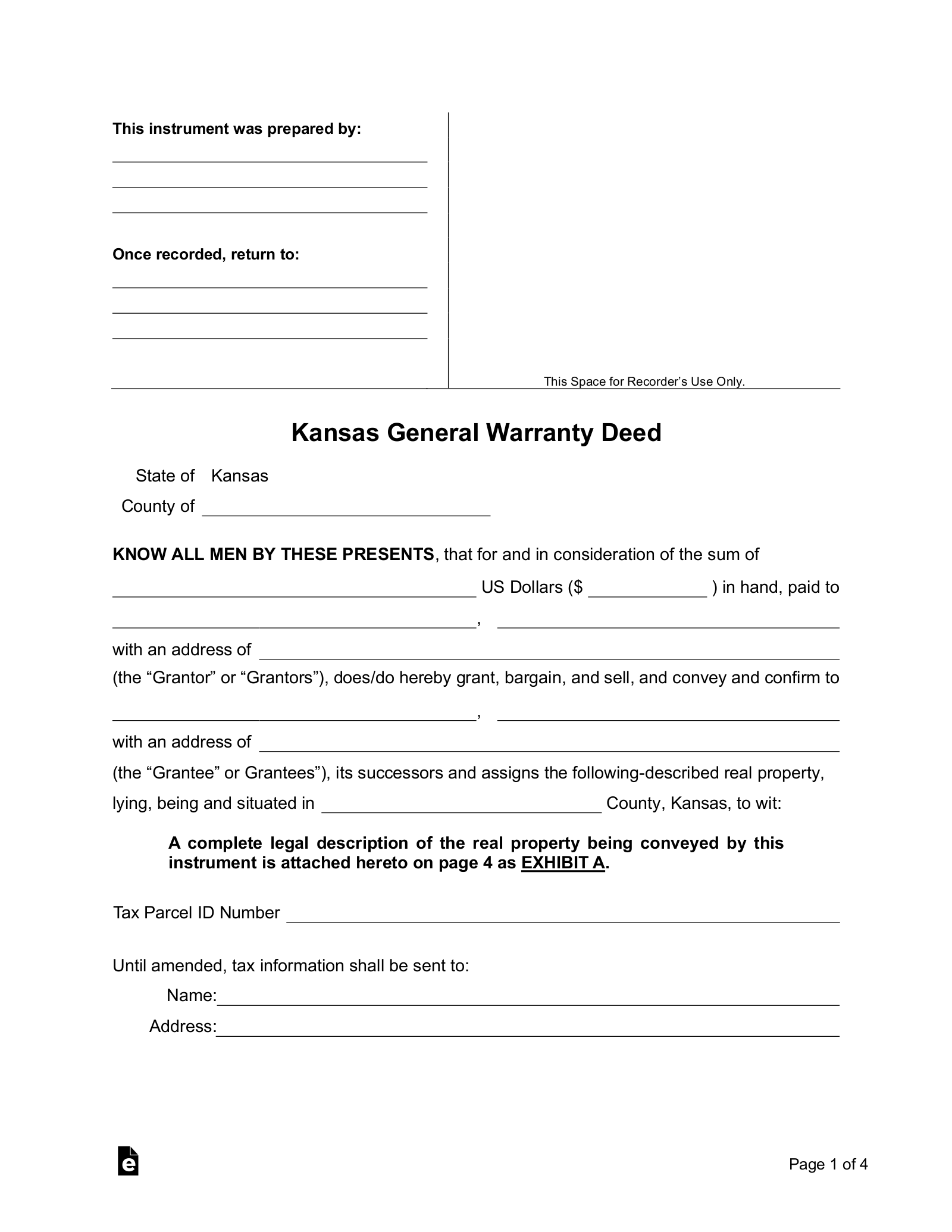 Kansas General (Statutory) Warranty Deed Form